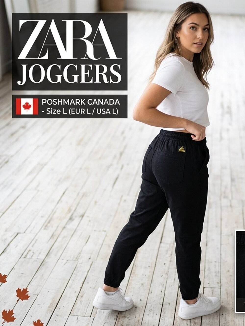 Zara Black Cuffed Jogger Sweatpants Elastic Waist Size L
